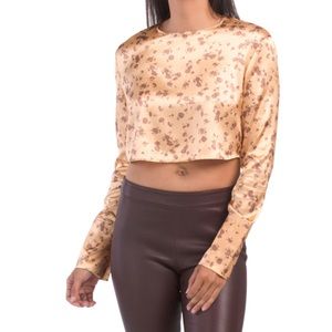 ZARA NWT Satin Effect Floral Long Sleeve Cropped Printed Shirt XS
